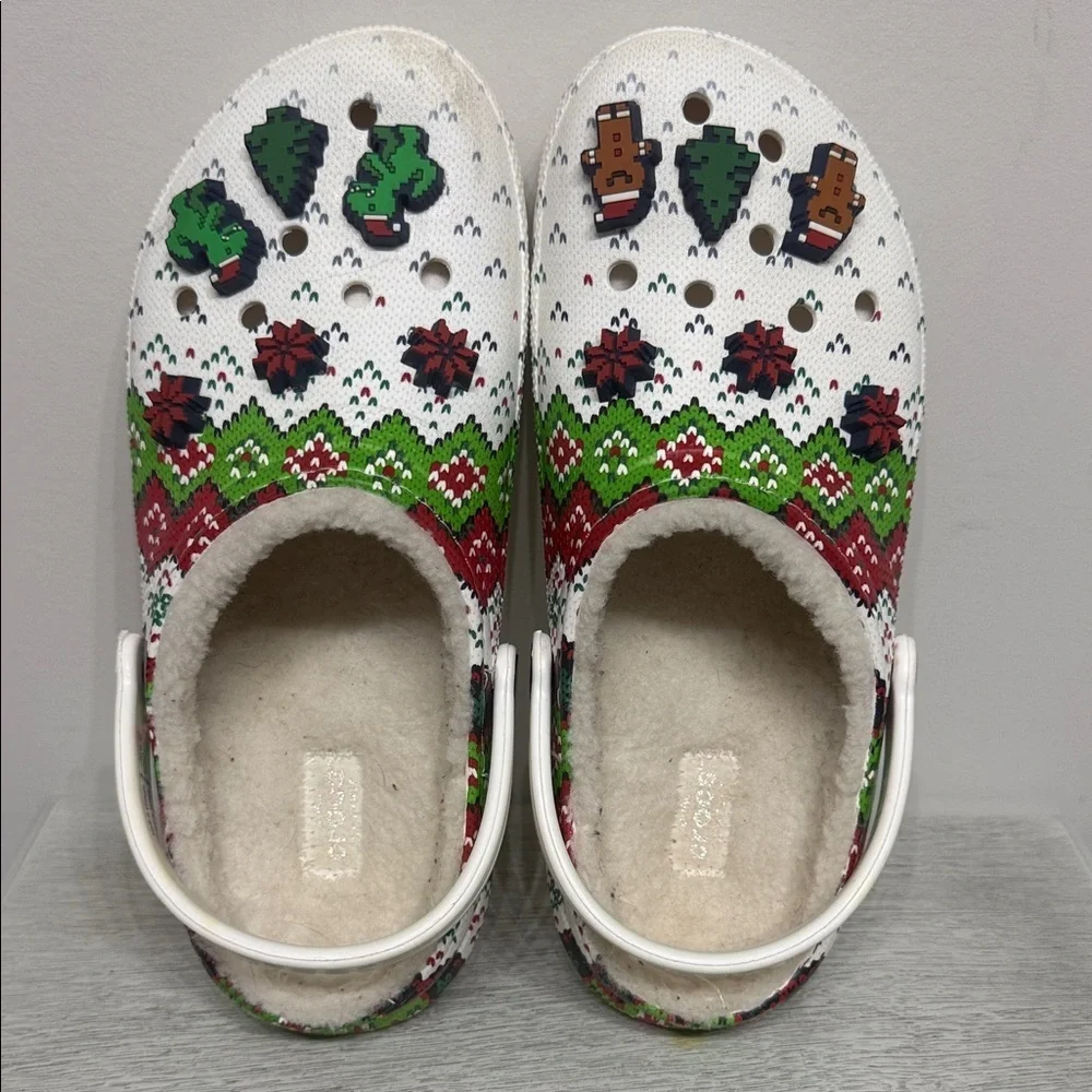 CROCS Kids' Classic Lined Holiday Christmas White and Green Slippers Size 4